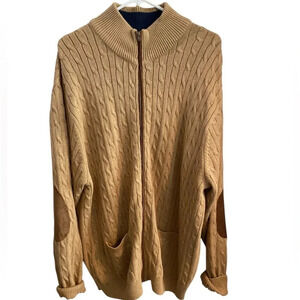 Paul Fredrick tan cable knit elbow patch Fall Winter grandpa cotton zip cardigan